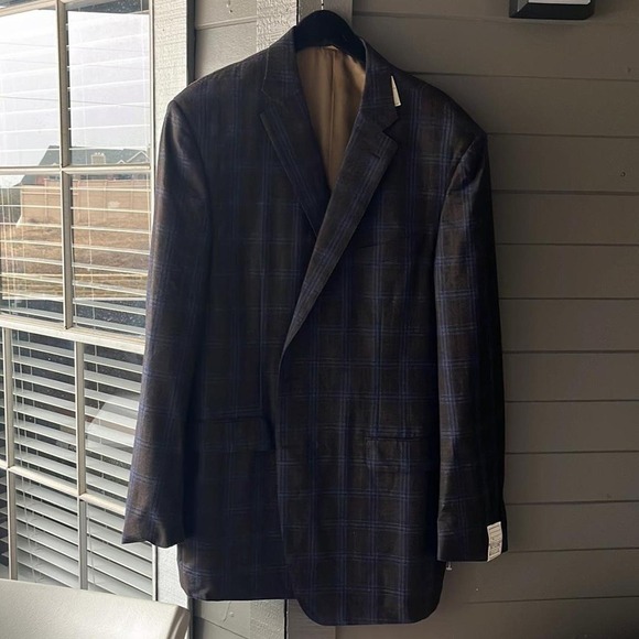 Size 40 Long Trussini Italy Wool Gray and Blue Dual Vent Stitched Lapel Blazer - Picture 8 of 8